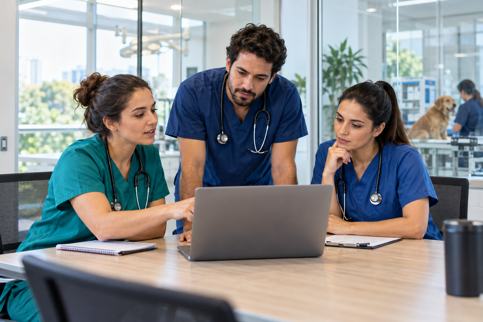 Equipe veterinária troca experiências em uma reunião de trabalho na clínica.