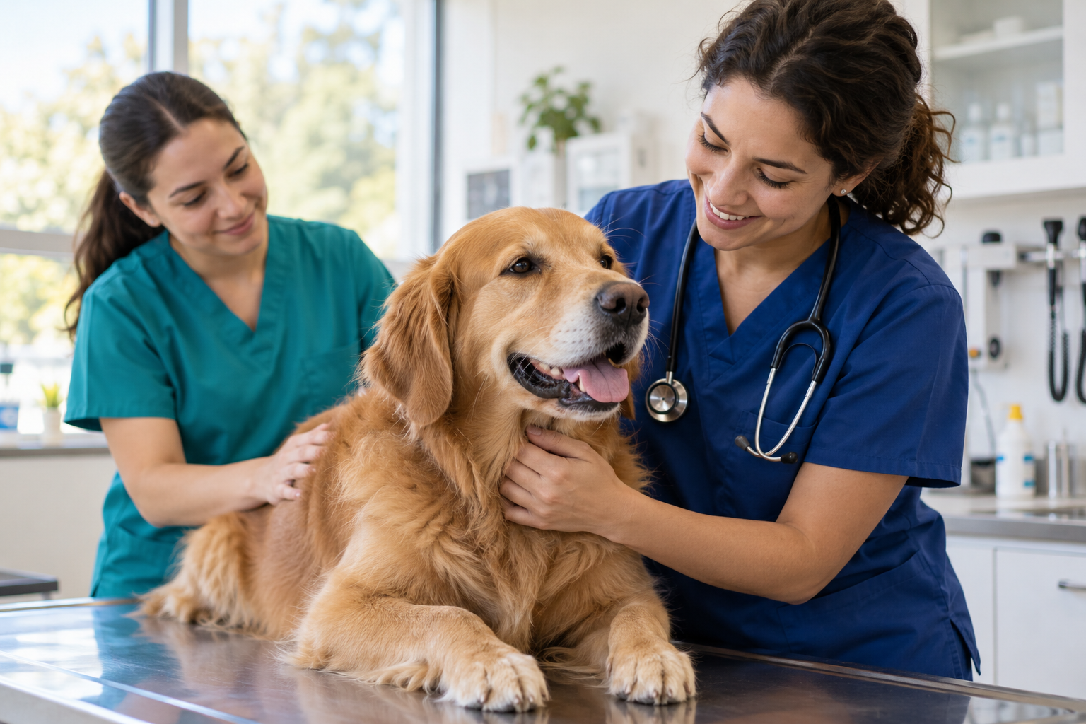 Veterinárias com uniformes azul e verde acolhem um golden retriever em uma clínica iluminada.